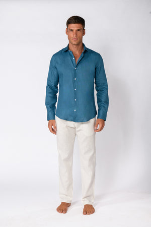 CHEMISE LIN BLEU PETROLE