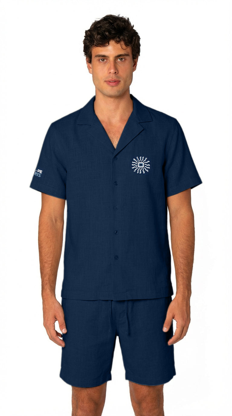 CHEMISETTE LIN - BLEU MARINE BRODEE