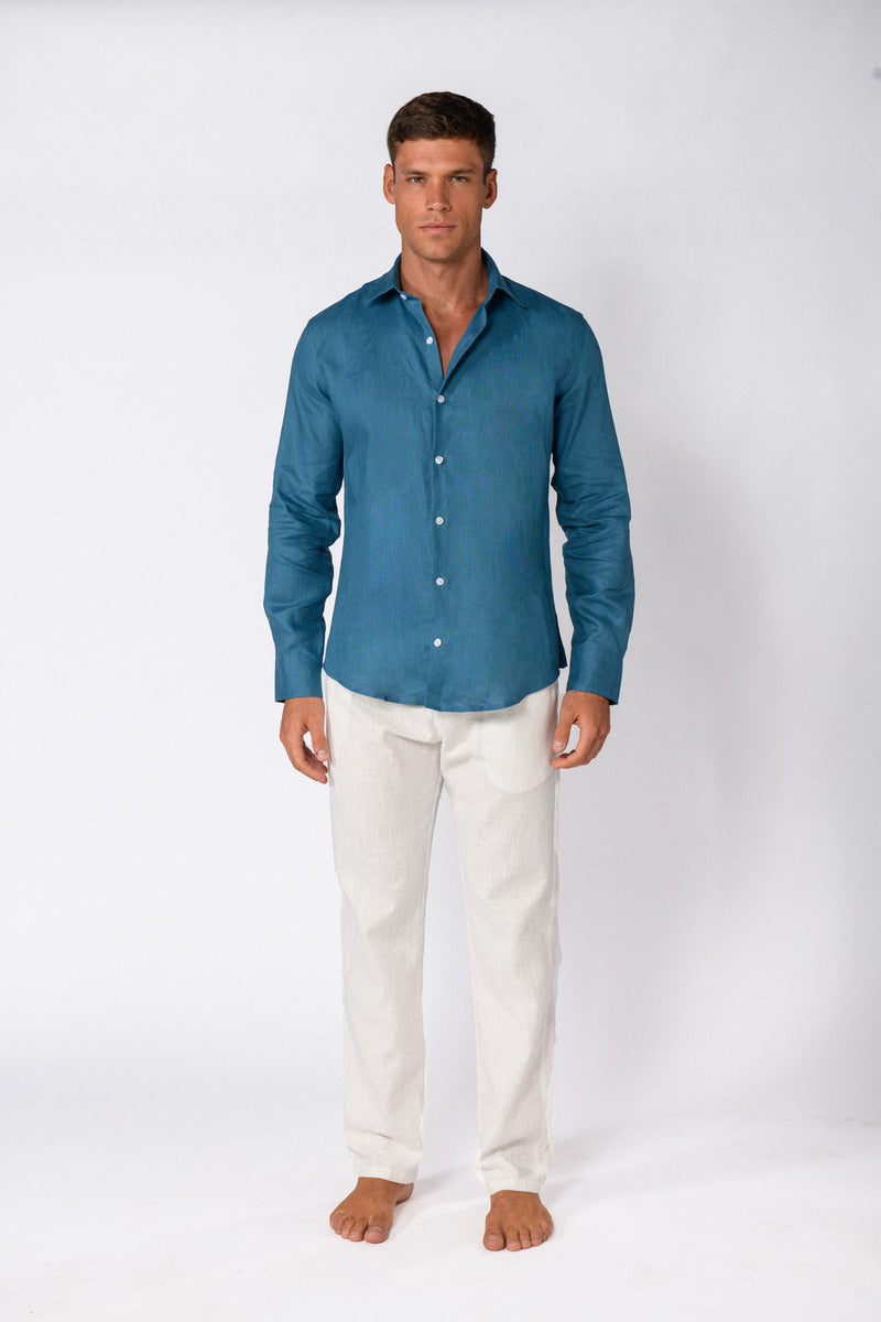 CHEMISE LIN BLEU PETROLE